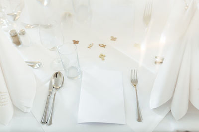 High angle view of glasses on table