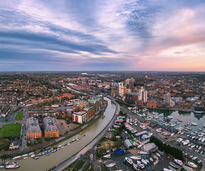 An aerial photo of the wet dock in ipswich, suffolk, uk at sunrise