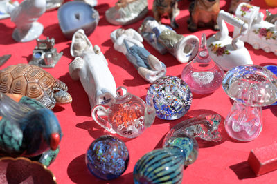 High angle view of various decoration displayed on table