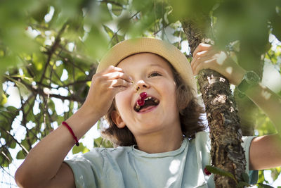 Girl eating cherries on tree