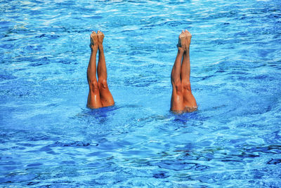 High angle view of swimming in pool