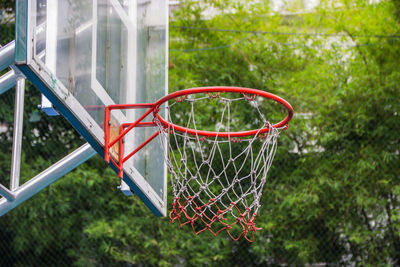 Close-up of basketball hoop against trees