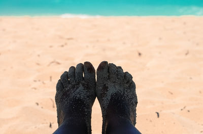 Low section of man legs covered with sand at beach