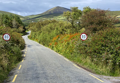 Road sign by trees against sky