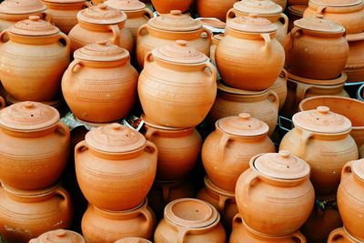 Full frame shot of clay containers for sale at market stall