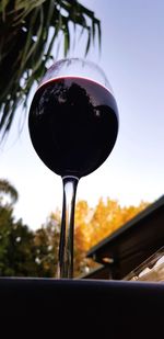 Close-up of drink on glass against sky