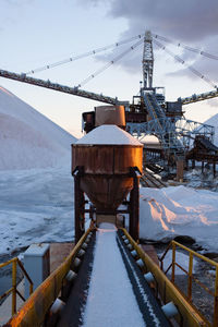 Factory by snow covered mountains against sky