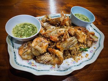 High angle view of food in plate on table