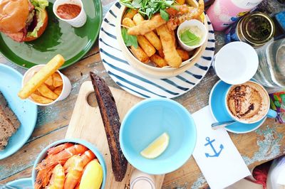 High angle view of food served on table