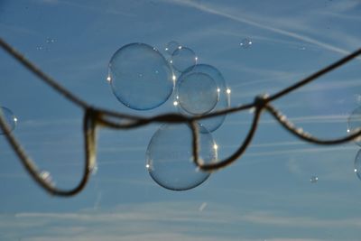 Close-up of wet bubbles against sky during rainy season