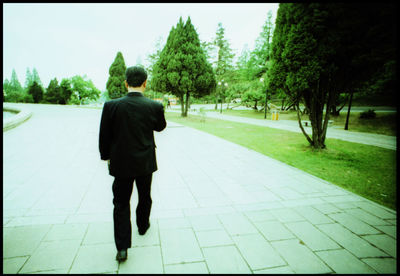 Rear view of a man walking on road