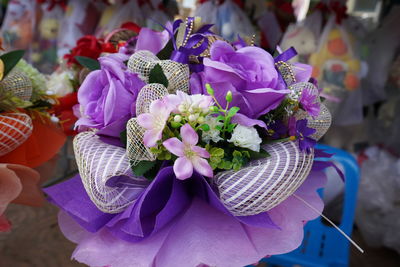 High angle view of purple flowers bouquet