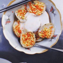 Directly above shot of pancakes in plate on table