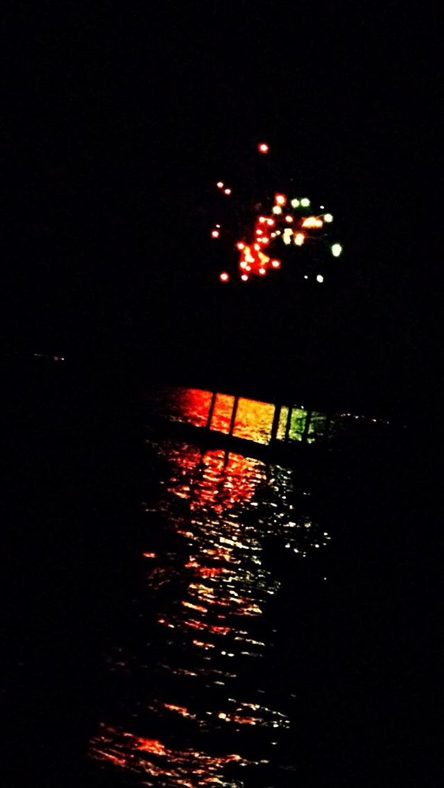 waterfront, night, sky, firework display, red, glowing, exploding, illuminated, water, tranquility, dark, scenics, tranquil scene, outdoors, firework - man made object, sea, no people, beauty in nature