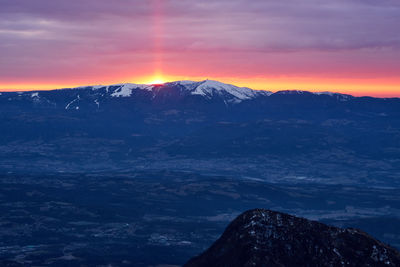 Scenic view of mountains against sky during sunset