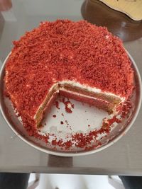 High angle view of cake in plate on table