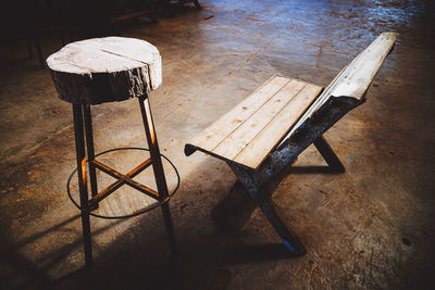 High angle view of empty bench on table