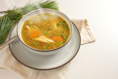 High angle view of soup in bowl on table