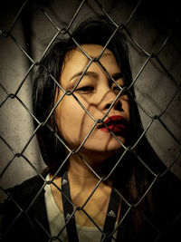 Portrait of young woman seen through chainlink fence