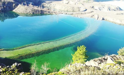 High angle view of lake and rocks