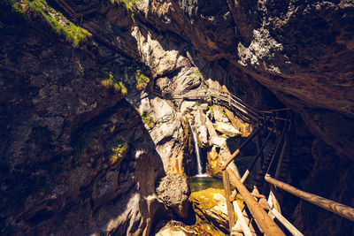 High angle view of rock formation in cave