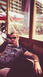 Low angle view of sunglasses sitting on outdoors