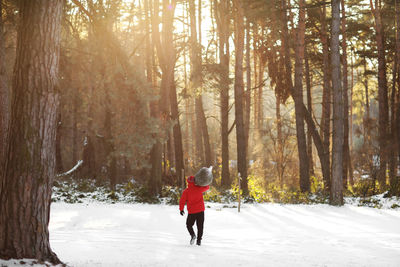 Rear view of man walking on snow covered landscape