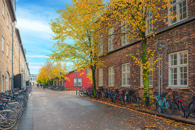 Street with old brick houses and bicycles that line its edges on the island copenhagen, denmark