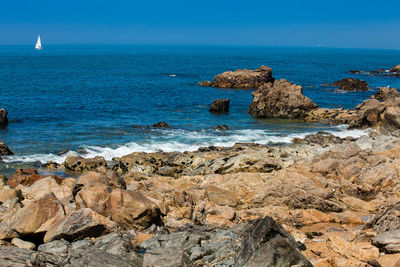 Scenic view of sea against clear blue sky