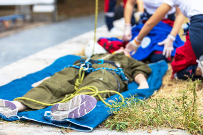 First aid after occupational accident. window washer or construction worker fall.