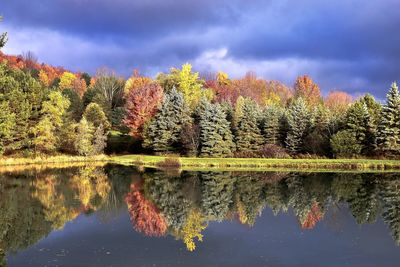 Reflection of trees in lake against sky during autumn