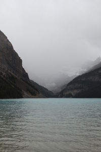 Scenic view of lake and mountains against sky