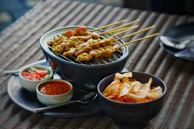 High angle view of food served on table