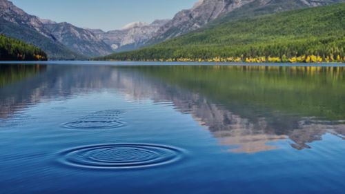 Scenic view of lake by mountains against sky