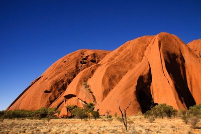 Scenic view of desert against clear blue sky