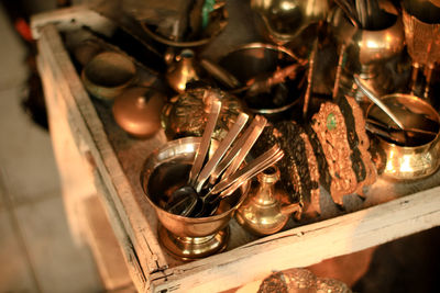 High angle view of burning candles