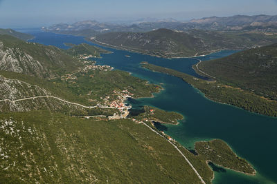 High angle view of land and mountains