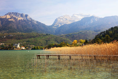 Scenic view of annecy lake and mountains