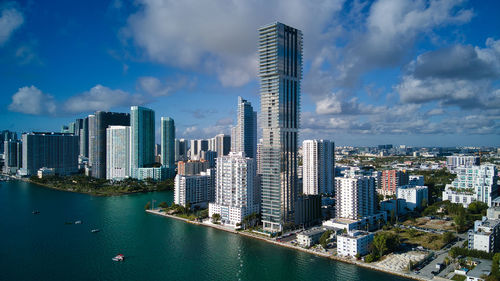 Panoramic view of modern buildings in city against sky