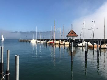 Sailboats moored at harbor against sky