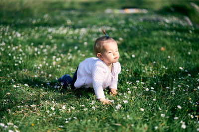 Cute boy with toy on field