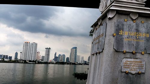 Buildings by river against sky in city