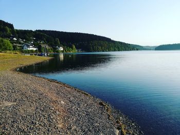 Scenic view of lake against clear sky