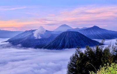 Scenic view of snowcapped mountains against sky during sunset