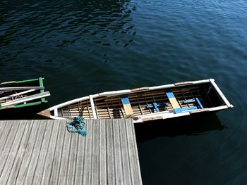 High angle view of boat moored on water