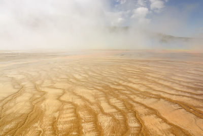 Colorful grand prismatic spring with steam and morning fog in yellowstone national park in wyoming.