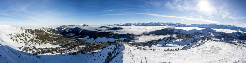 Panoramic view of snowcapped mountains against sky
