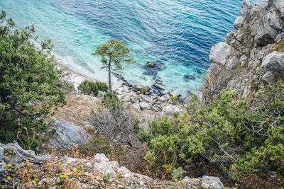 High angle view of rocks by sea