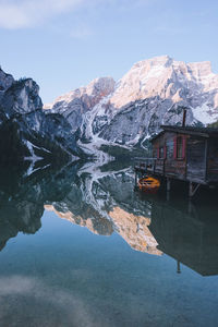 Scenic view of snowcapped mountains and lake against sky