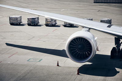 High angle view of airplane on runway